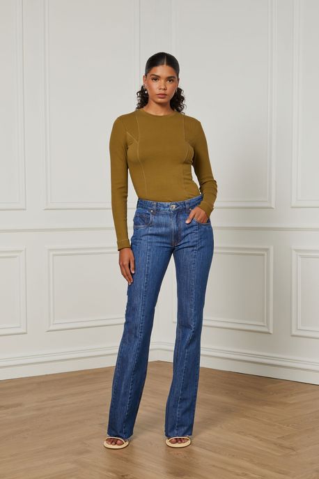 Calça Jeans Boot Cut Com Recortes Jeans Medio - 46