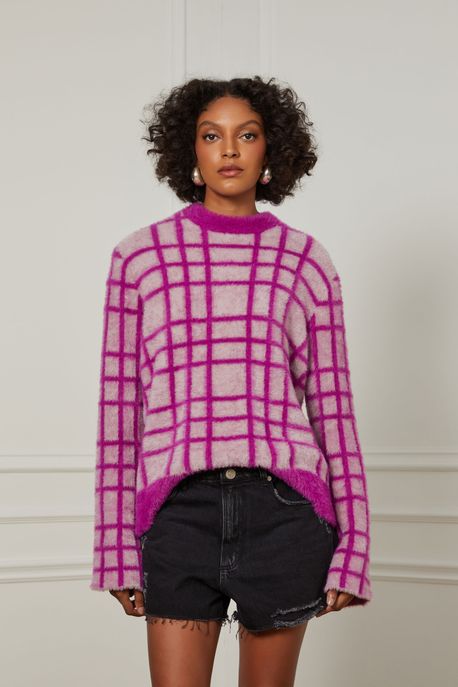 Pull De Tricot Oversized Pelinho Xadrez Cinza Chuva - P