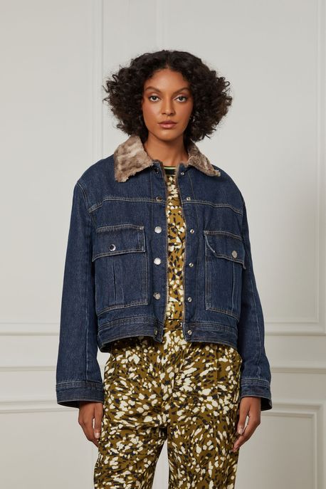 Jaqueta Jeans Forrada Com Pelo Jeans Escuro - P