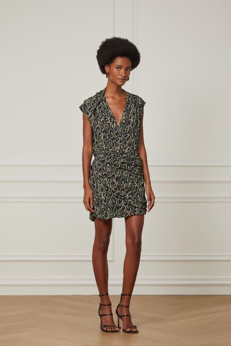Vestido De Georgette Pesado Curto Decote Transpassado Estampado Est Onca Rupestre Rabisco Color p - 36