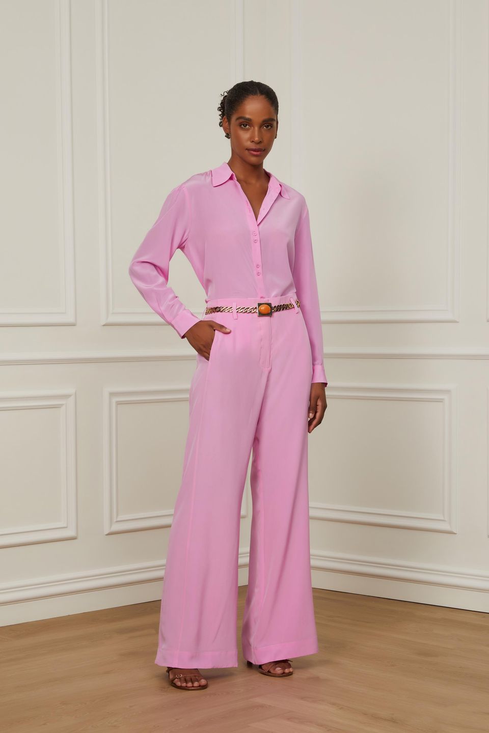 Calça de Seda com Recorte Rosa Ciclamen