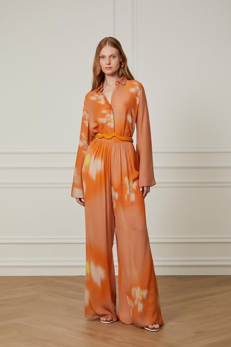 Calça De Georgete Pesado Floral Toast Ampla Est Loc Floral Blur Toast e Deserto - 36