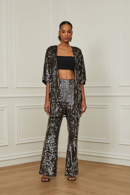 Kimono Bordado Paetes Preto - G