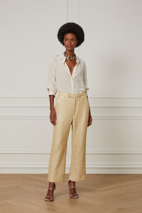 Calça De Tecido Com Lurex Dourado Reta Vincada Off White/Dourado - 36