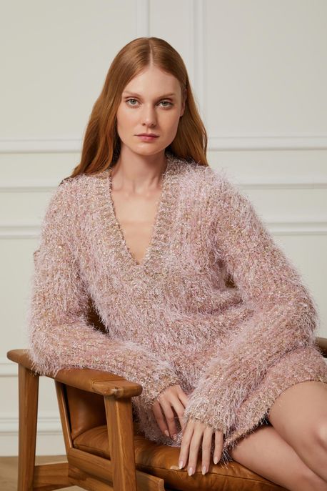 Blusão De Tricô Longo Com Pelinho Rosa Clarinho Rosa Clarinho - P