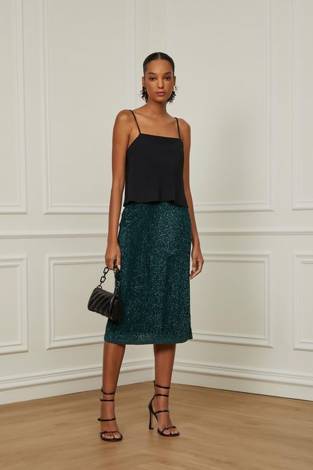 Saia Midi Bordada Paetê Verde - 40