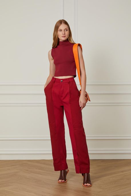 Calça De Sarja Com Mini Denda Na Barra Vermelho Rio Vermelho Rio - 34