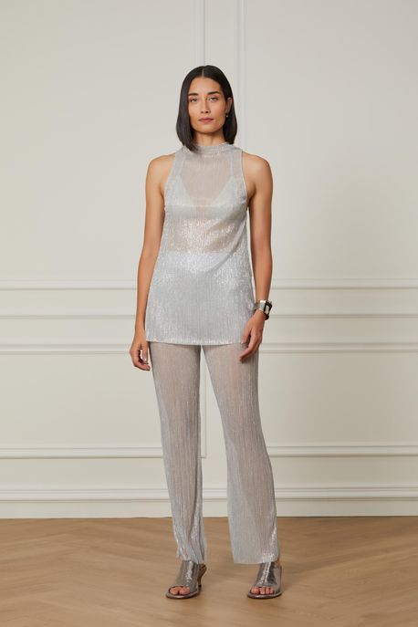 Calça Plissada Prata Branco - M