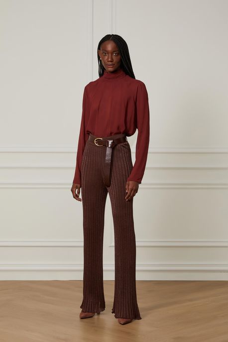 Calça Pantalona De Tricot Ampla Marrom Marrom Raiz - P