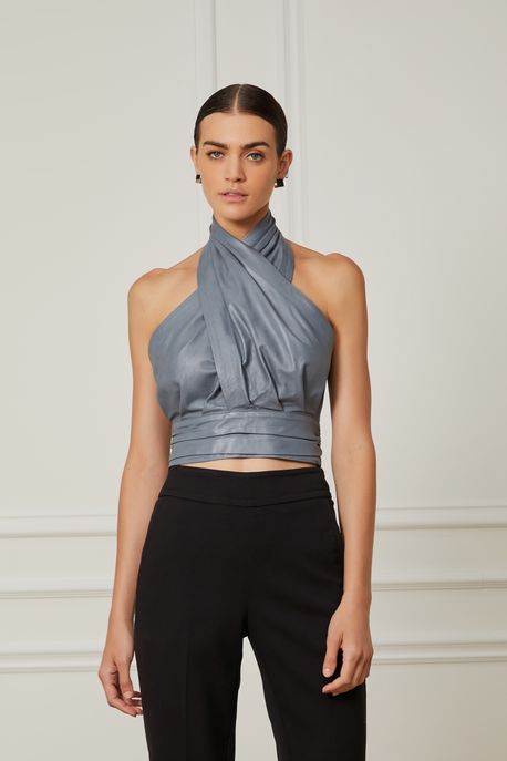 Top De Couro Frente Única Franzido Cinza Mescla - 38