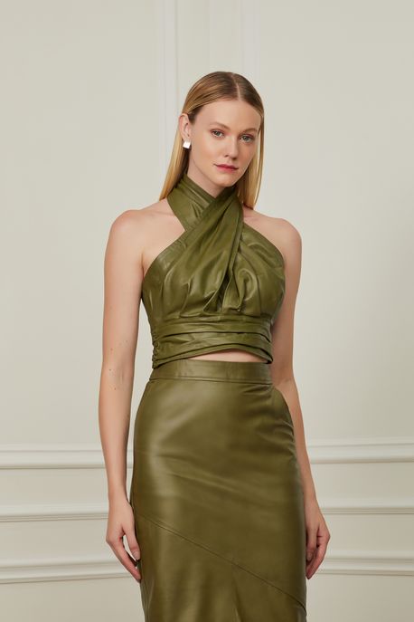 Top De Couro Frente Única Franzido Verde Oliva - 40