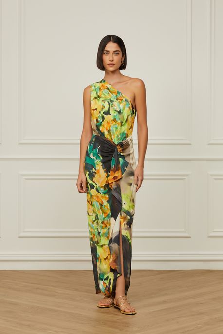 Vestido De Georgette Pesado Midi Um Ombro Só Pareô Estampado Est Loc Floral Maki Lime e Mock m - 40