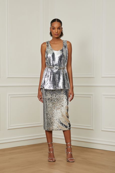 Saia Midi De Paetê Prata Cinza Nimbus - 36