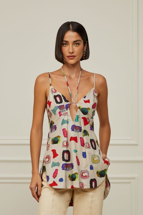 Blusa De Algodão Com Amarração Frente Estampada Est Abstrato Papel Aveia p - 42