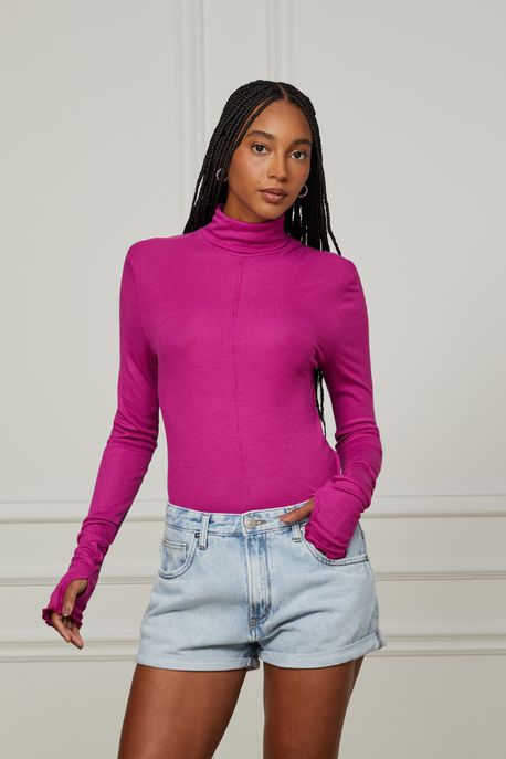 Blusa Manga Longa Gola Alta Com Recorte Central Rosa Tinta - G