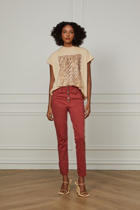 Calca Sarja Skinny Basic High Botao Na v Vermelho Ochre - 34