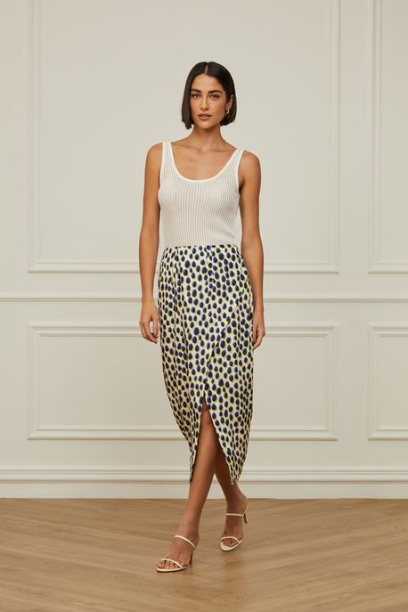 Saia De Viscose Midi Com Fenda Frente Est Pois Pastel Color - 38