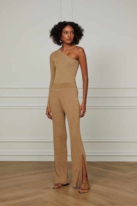 Calça De Tricot Reta Basic Com Lurex Marrom Marrom Madeira - G