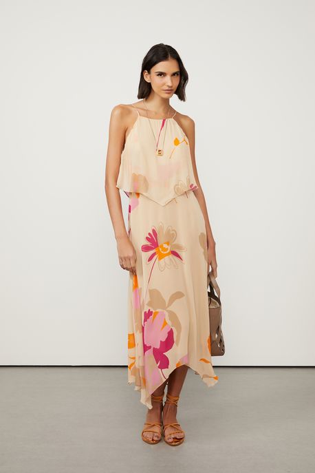 Vestido Midi De Georgette Pesado De Alça Decote Costas Estampado Est Floral Geometrico Block Color - 34