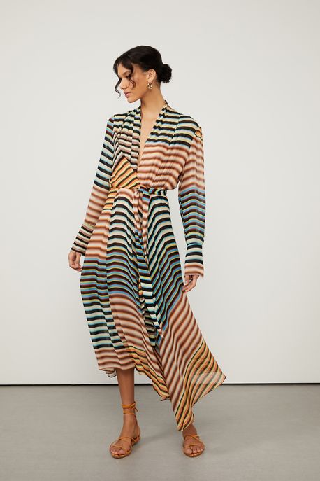 Vestido Midi De Georgette Leve Manga Longa Barra Assimétrica Estampado Est Listra Spirulina Color - 34