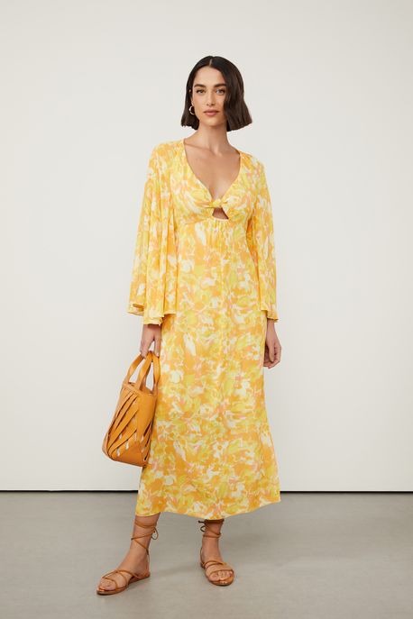 Vestido Midi De Georgette Pesado Manga Ampla Com Recorte Estampado Est Floral Leve Narciso - 36