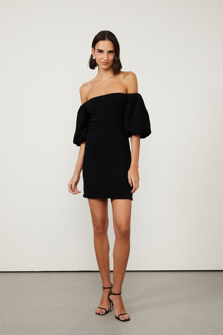 Vestido De Malha Crepe Manga Bombom Preto Preto - PP