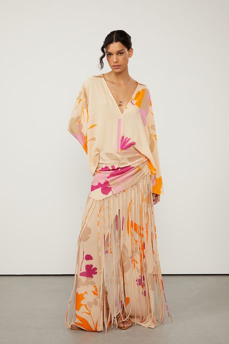 Saia De Georgette Longa Com Fenda e Franjas Estampado Est Floral Geometrico Block Color - 38