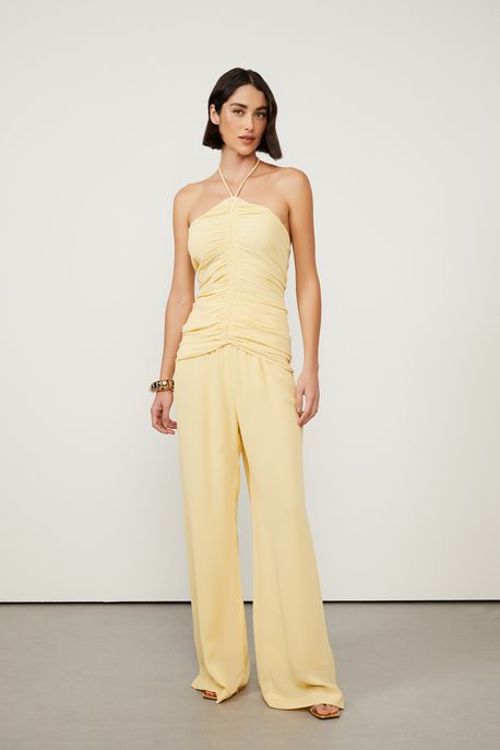 Calça De Georgette Pesado Pantalona Amarela Pala Franzida Amarelo Golden - 42