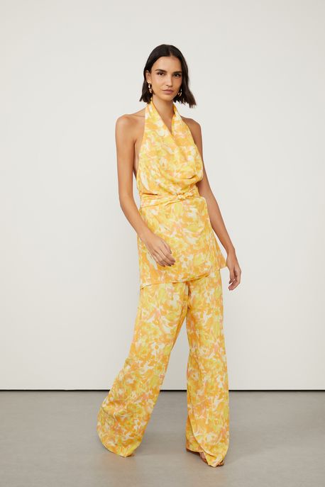 Calça De Georgette Pesado Pantalona Pala Franzida Estampada Est Floral Leve Narciso - 44