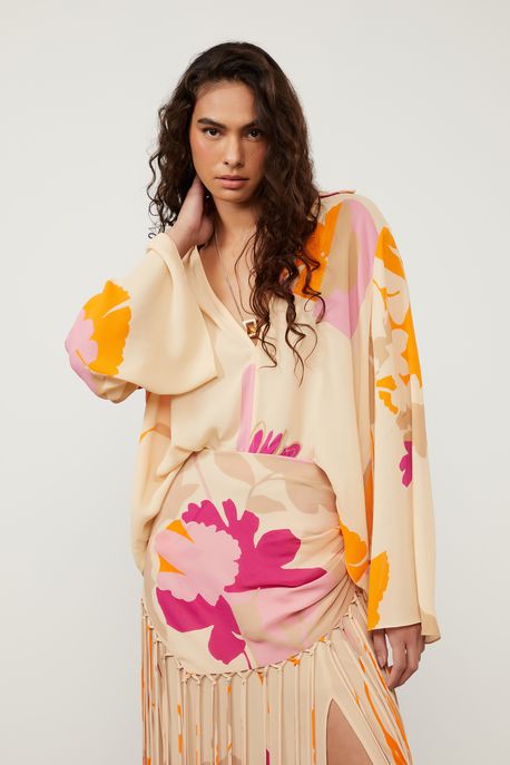 Camisa De Georgette Pesado Lenço Manga Ampla Estampada Est Floral Geometrico Block Color - 38