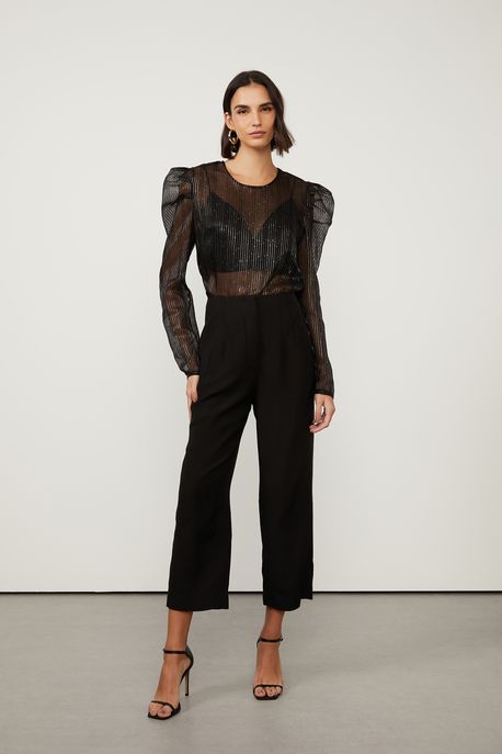 Blusa De Organza Manga Longa Com Mangas Bufantes Preto - 40