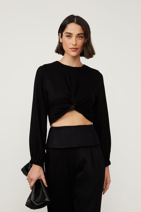 Blusa Torção Manga Longa Preta Preto - 34