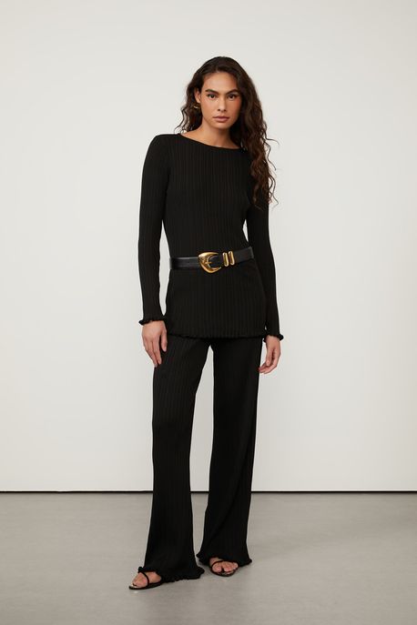 Blusa De Tricot De Manga Longa Preto - GG