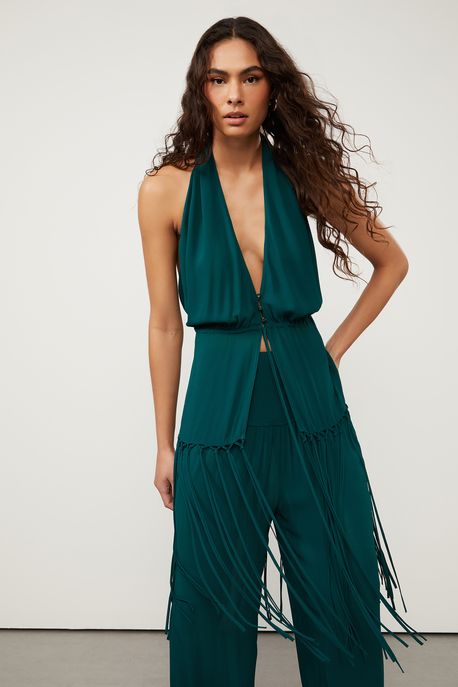 Blusa De Georgette Frente Única Verde Franjas Verde Encanto - 44