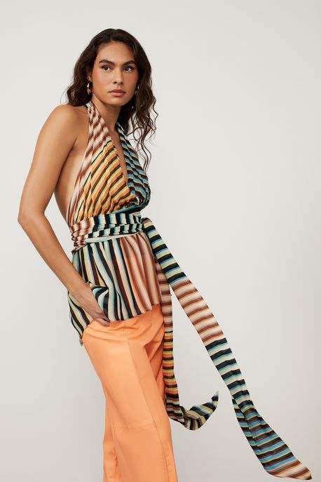 Blusa De Georgette Leve Frente Única Amarração Estampado Est Listra Spirulina Color - 42