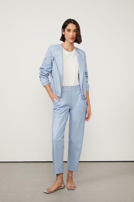 Jaqueta De Couro Sem Gola Transpassada Lilas Nuvem - 38