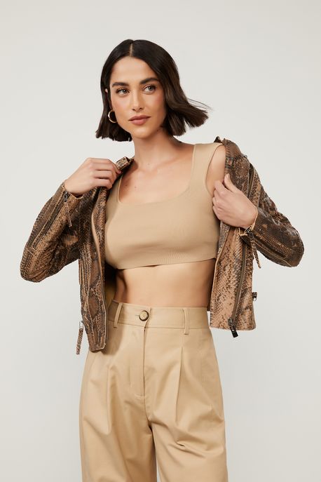 Top De Tricot Bege Cropped Com Decote Quadrado Básico Bege Gergelim - G