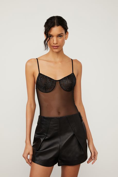 Body Tule Busto Renda Brilho Preto Preto / Silver - G