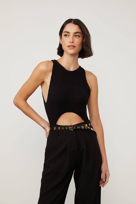 Body De Malha Canelado Preto Com Abertura Preto - M