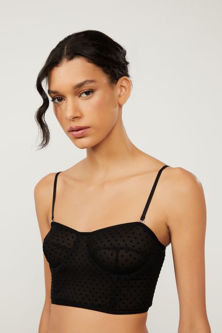 Corset De Tule Com Pois Preto Preto - M