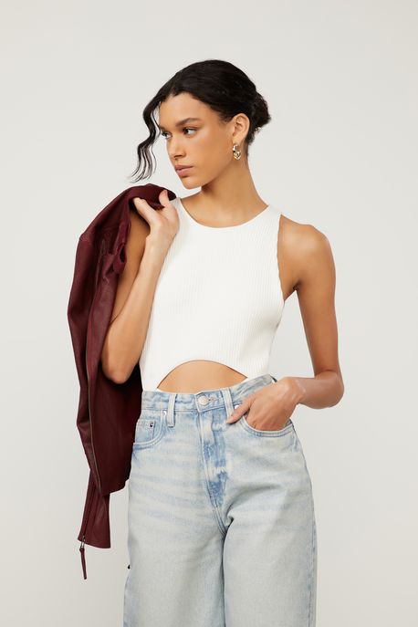 Body De Malha Canelada Off White Com Abertura Off White - P