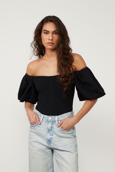 Body De Malha Crepe Preto Com Manga Bufante Preto - PP