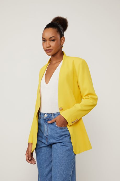 Blazer De Crepe Amarelo Alongado Amarelo Sulphur - 44