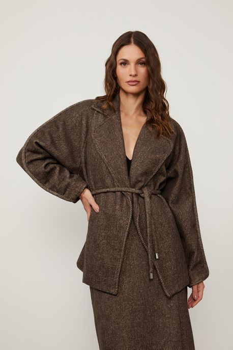 Casaco De Lã Oversized Com Cinto Marrom - P