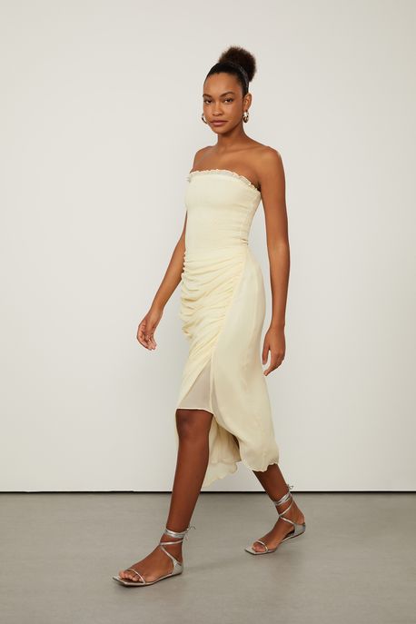 Saia De Georgette Midi Com Fenda e Franzidos Bege Manha - 38