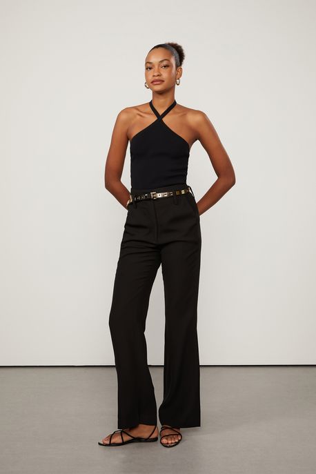 Calça De Crepe Com Nervura Preta Preto - 36