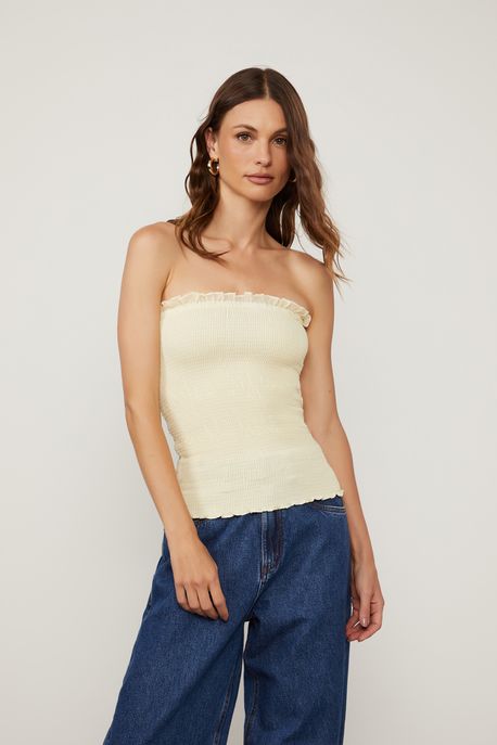Blusa De Georgete Sem Alças Franzido Bege Manha - 36