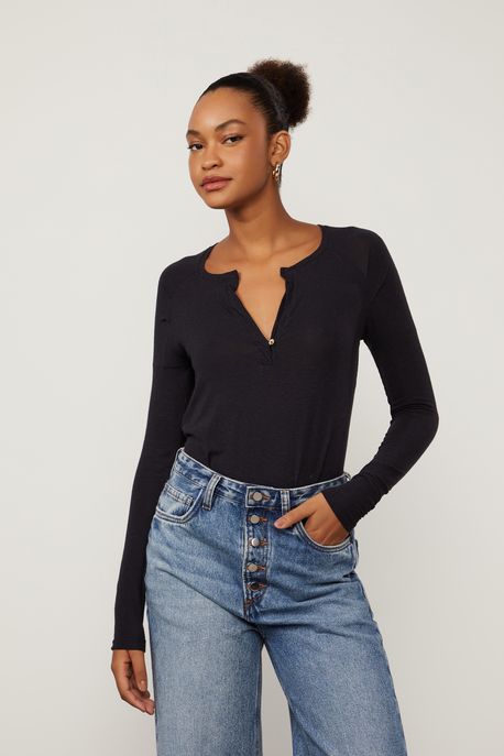 Blusa Decote v e Manga Longa Raglan De Malha Preto - M