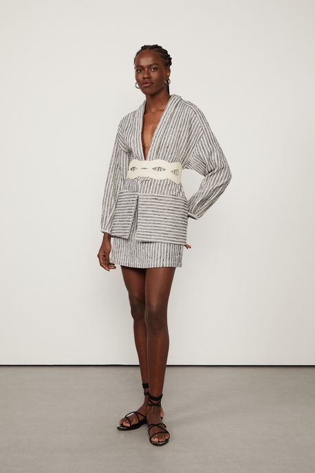 Kimono De Jacquard Listrado Preto/ Branco - 38