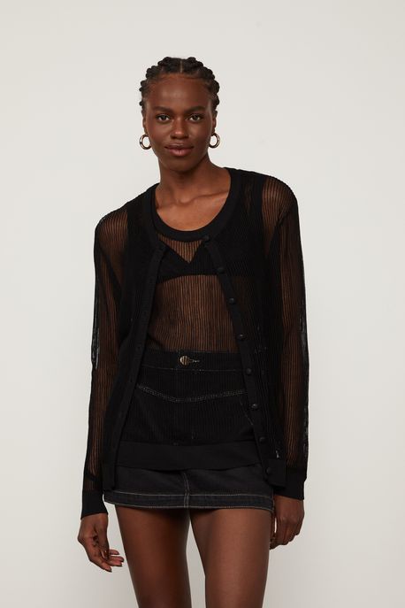 Cardigan Manga Longa Telado Preto - P